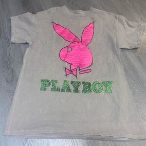 PLAYBOY Short Sleeve Tee - Gray with Pink and Green Accents